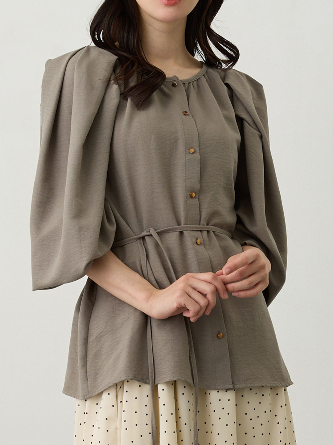 タックスリーブギャザーブラウス Gray