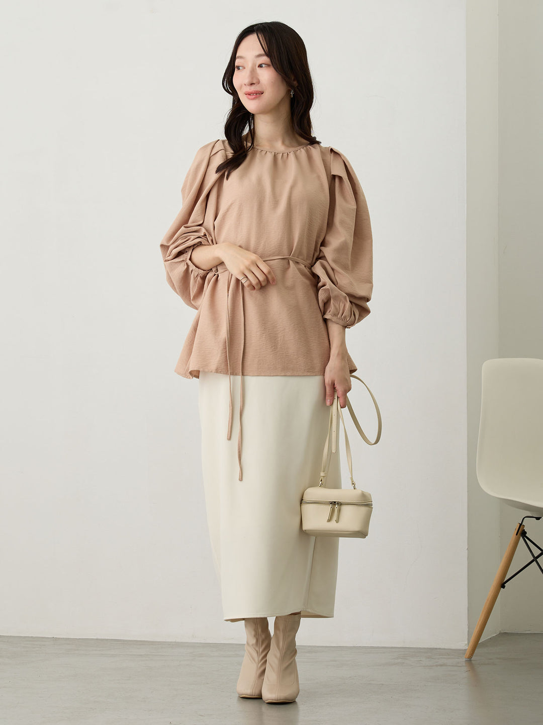 タックスリーブギャザーブラウス Pink beige