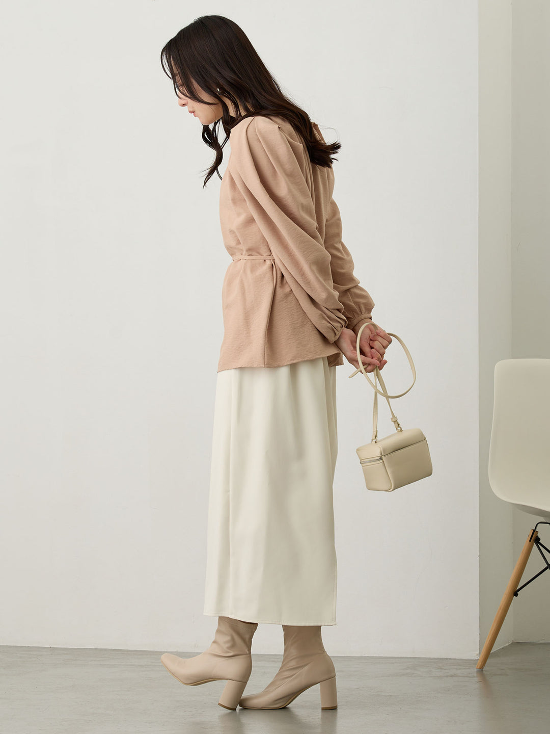 タックスリーブギャザーブラウス Pink beige