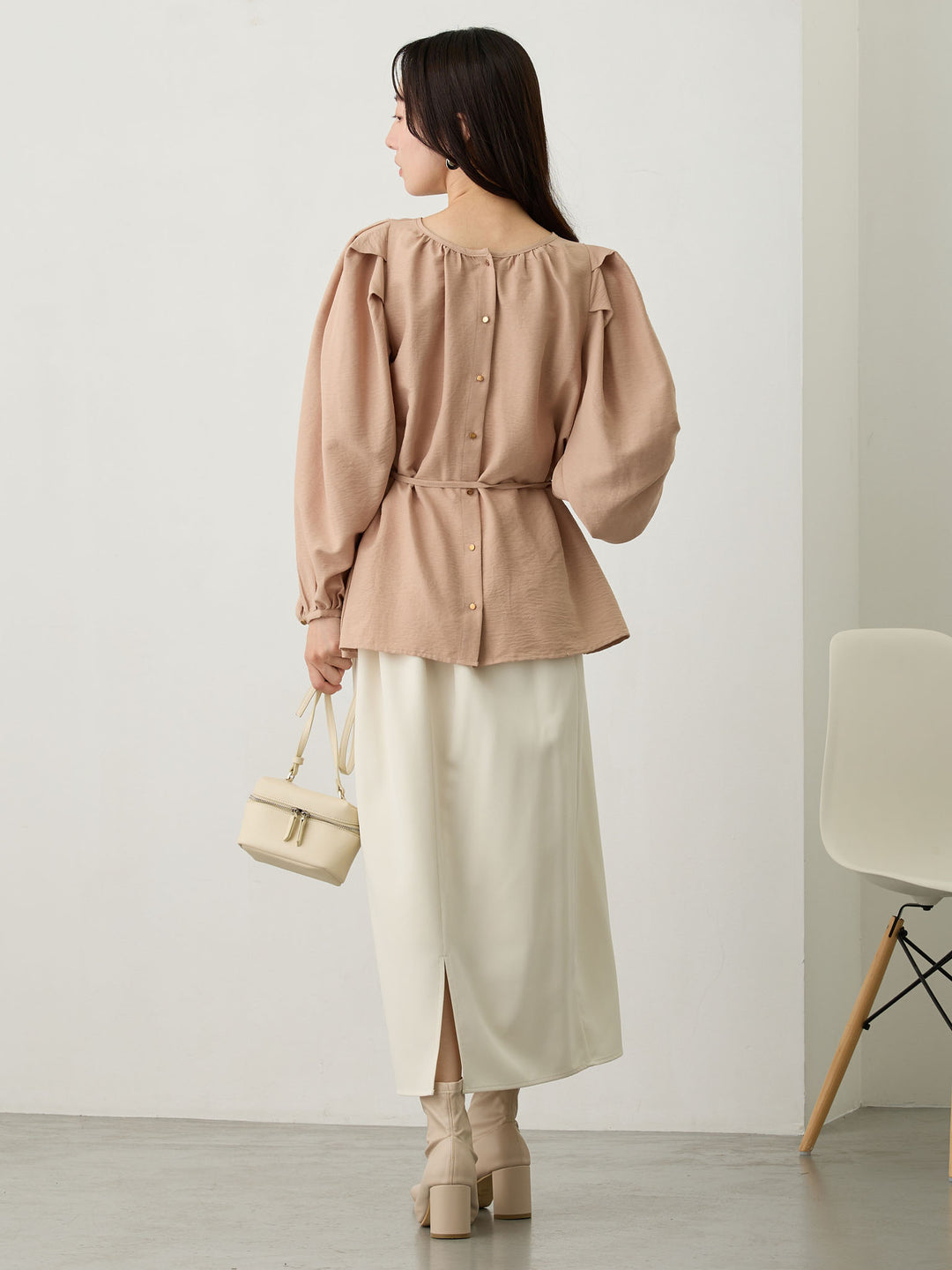 タックスリーブギャザーブラウス Pink beige