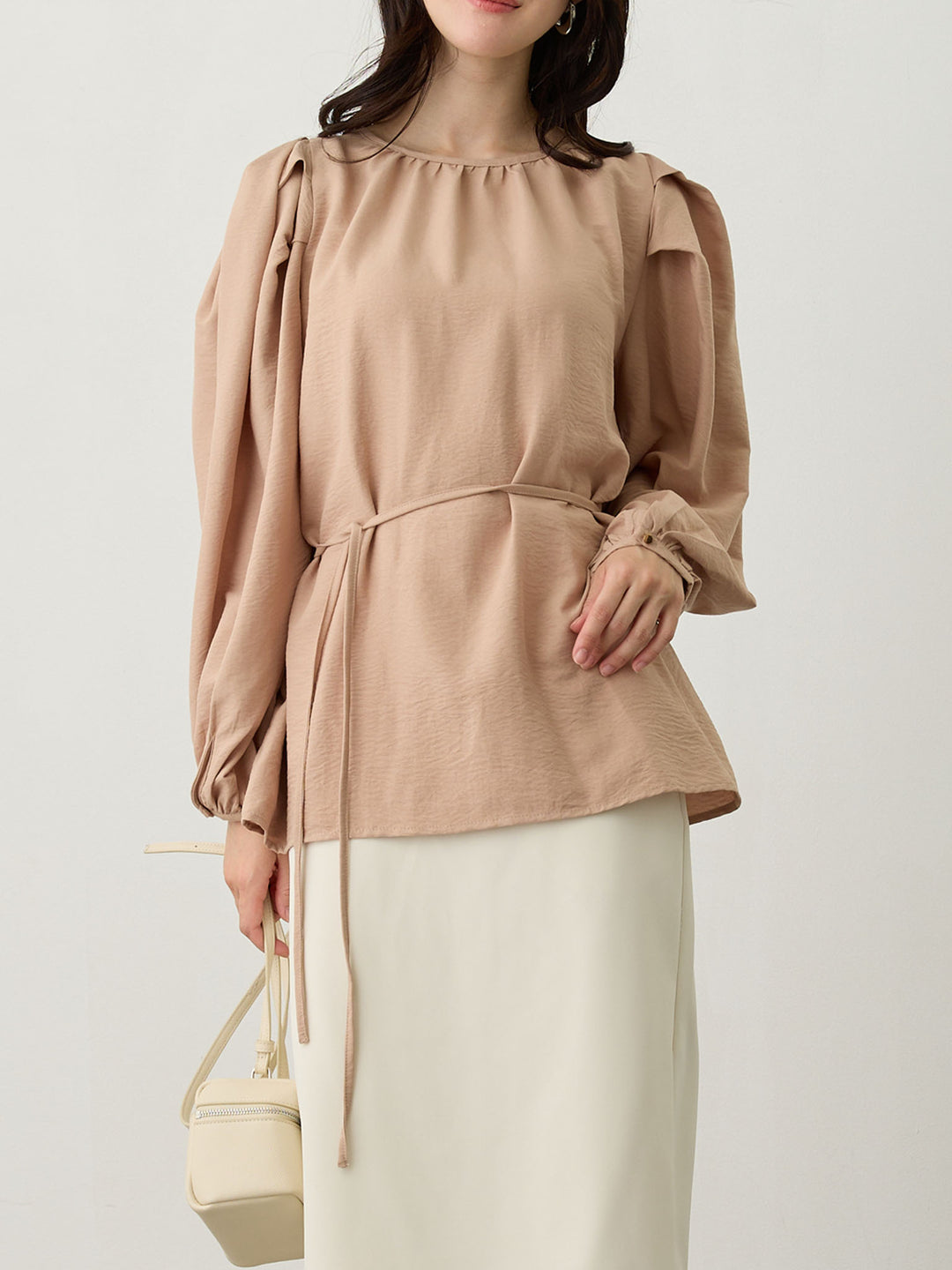タックスリーブギャザーブラウス Pink beige