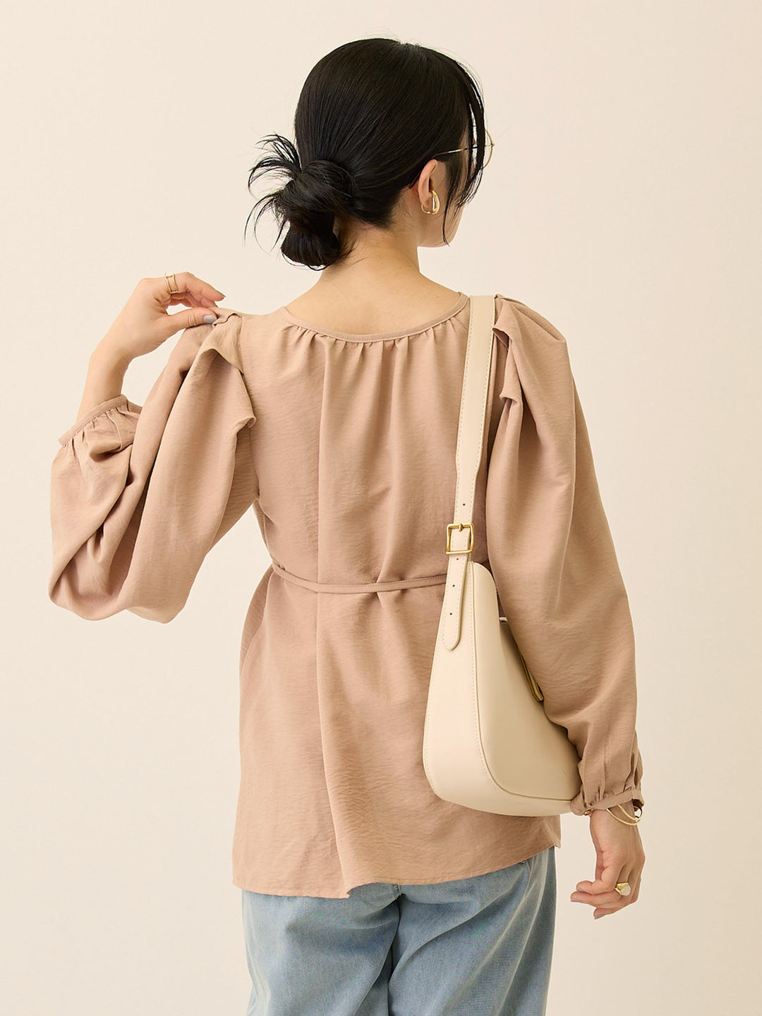 タックスリーブギャザーブラウス Pink beige