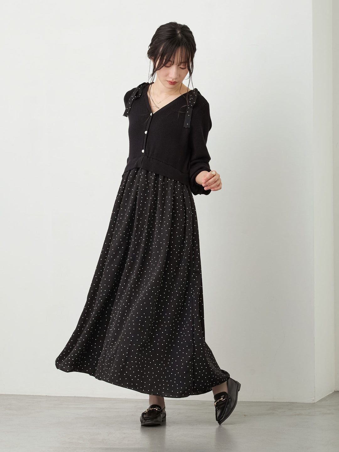 リブニットドッキングワンピース Black