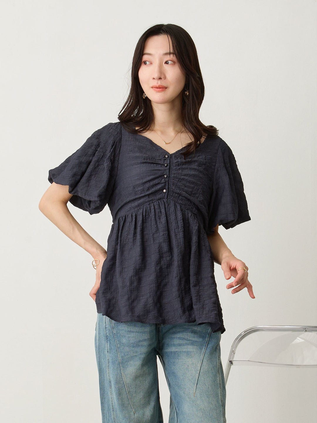 ぽこぽこジャガードトップス Navy