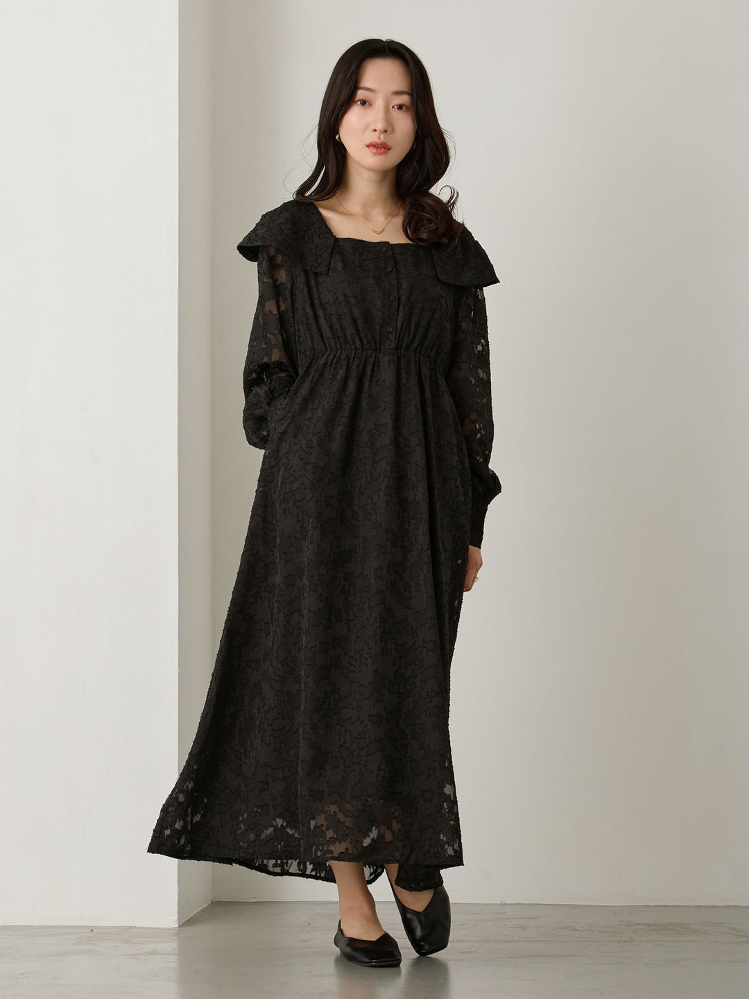 オフショル風衿つきワンピース Black
