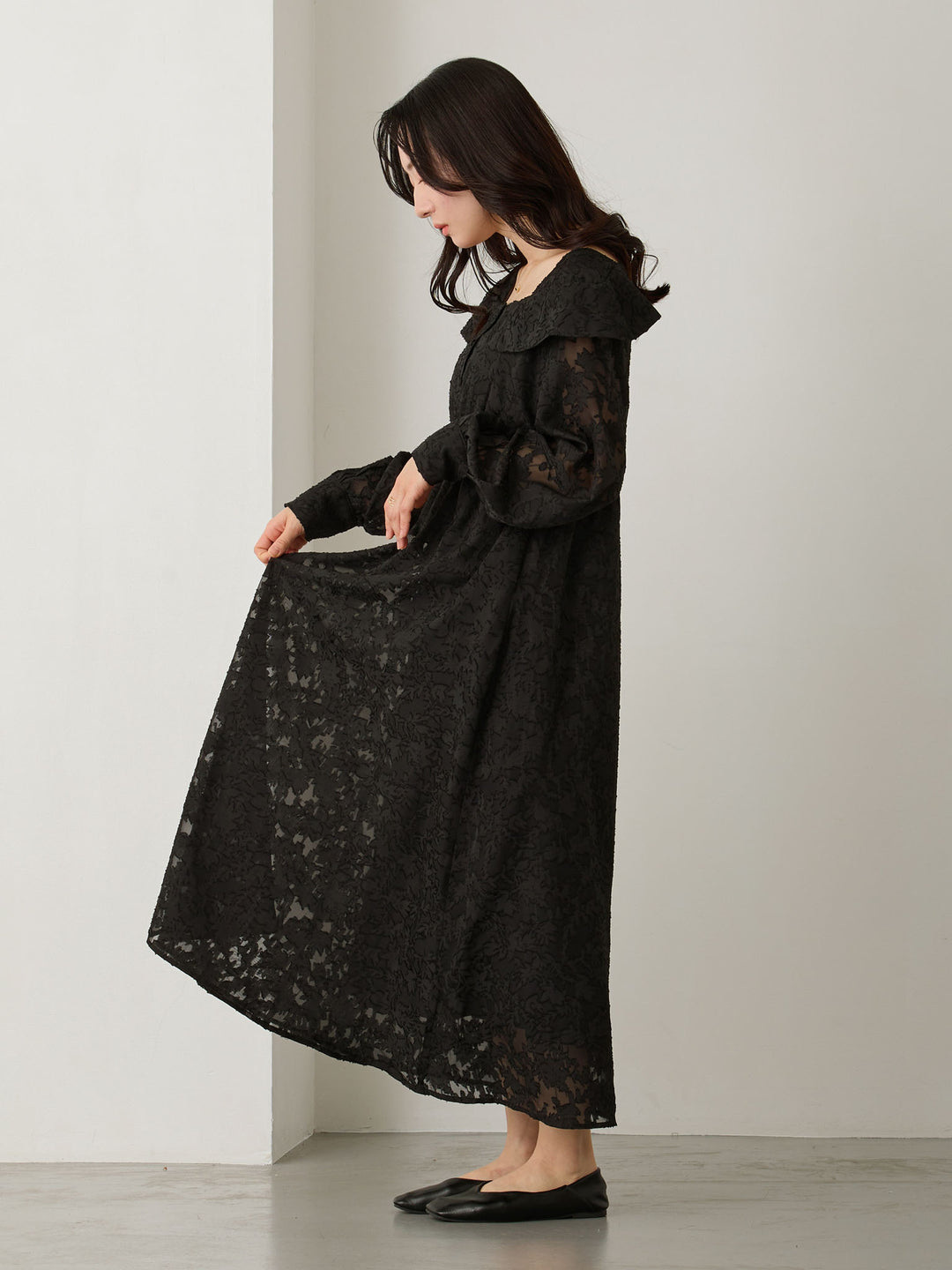 オフショル風衿つきワンピース Black