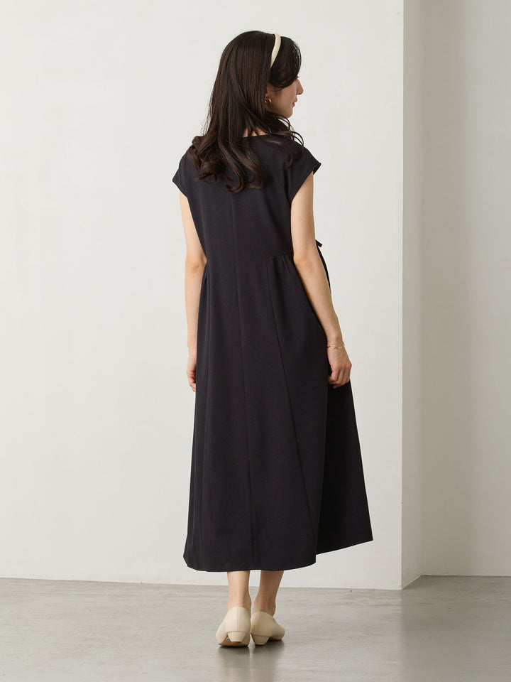 Side Ribbon French Sleeve Dress Navy
