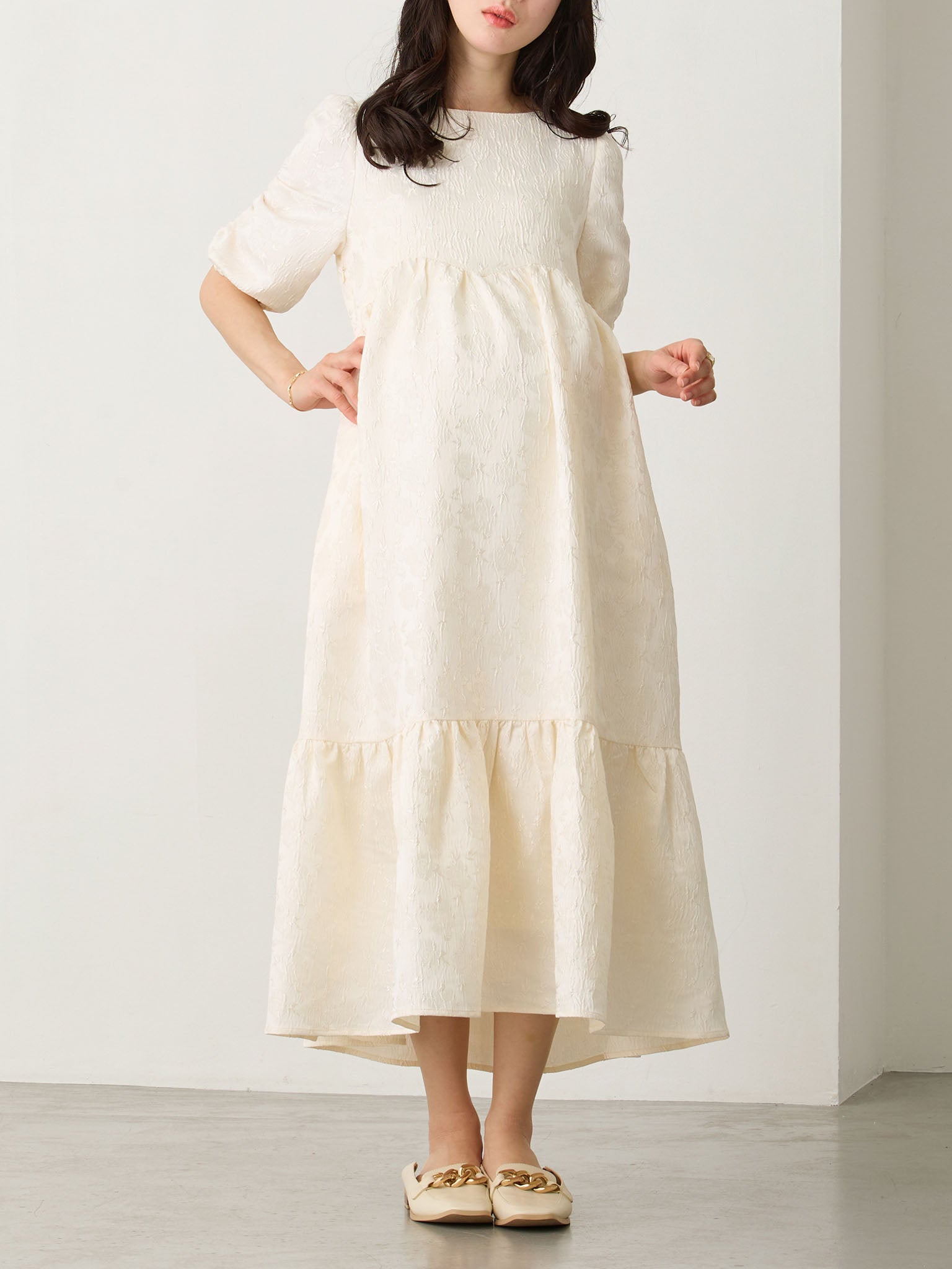 et.UNiVER パフスリーブ ジャガード ロングワンピース パフスリーブジャガードワンピース Ivory – honono for mom&baby