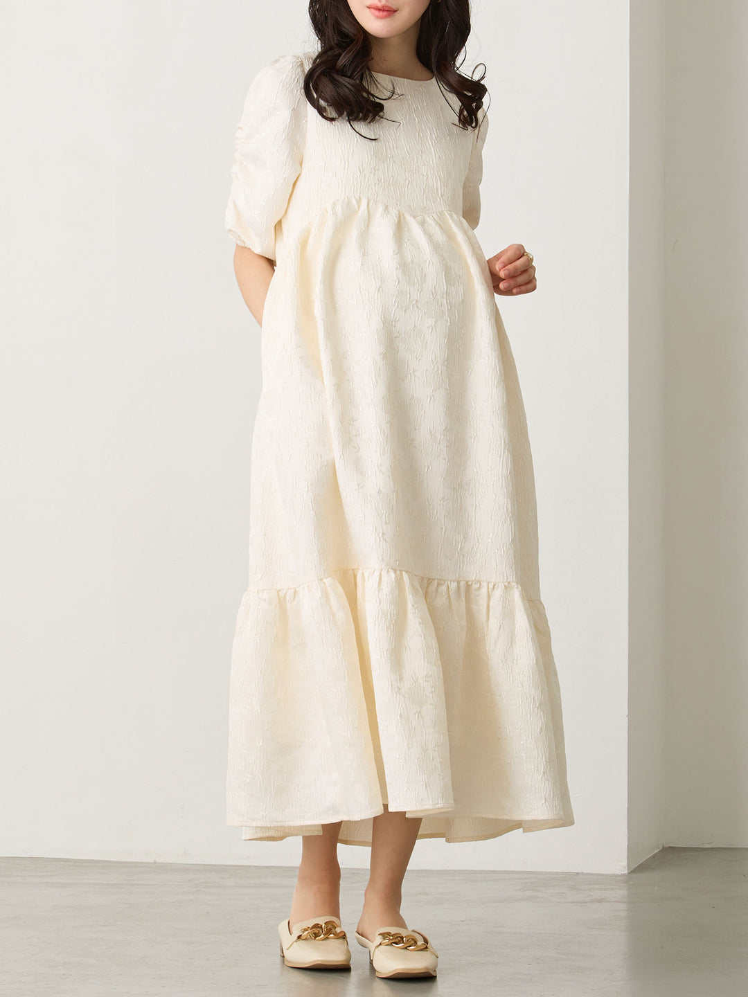 Puffed Sleeve Jacquard Dress - Ivory