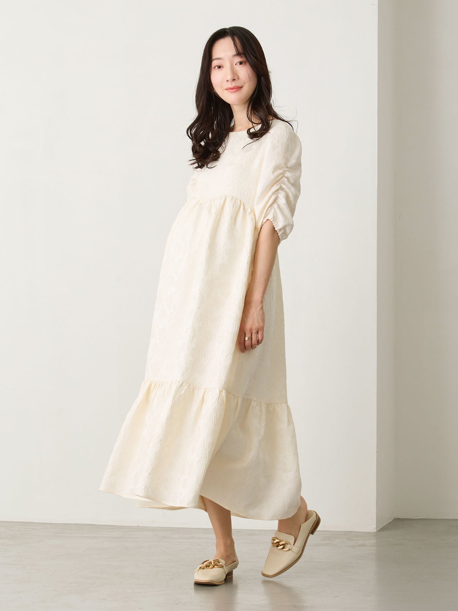 パフスリーブジャガードワンピース Ivory