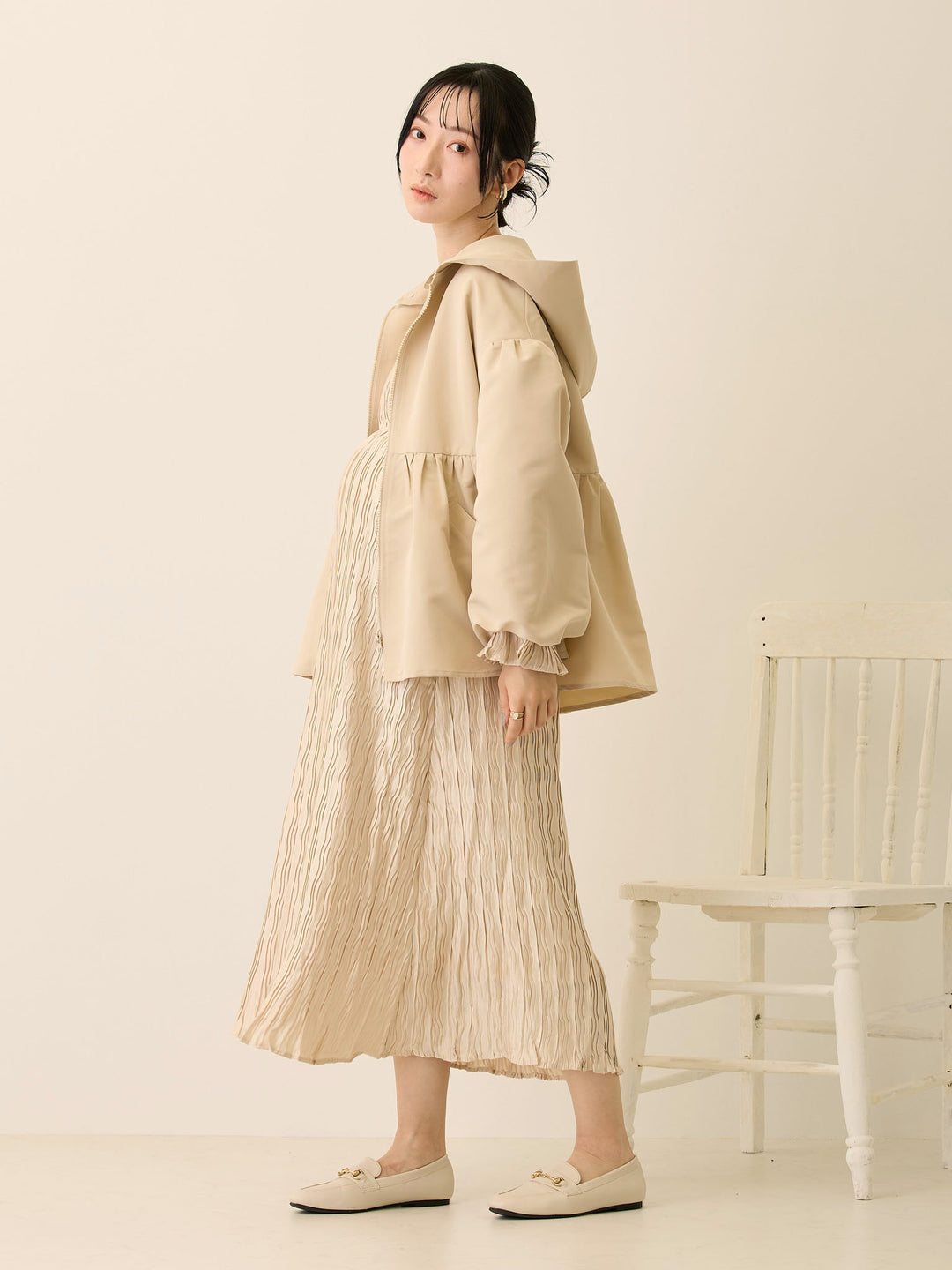 フード付きペプラムライトアウター Beige