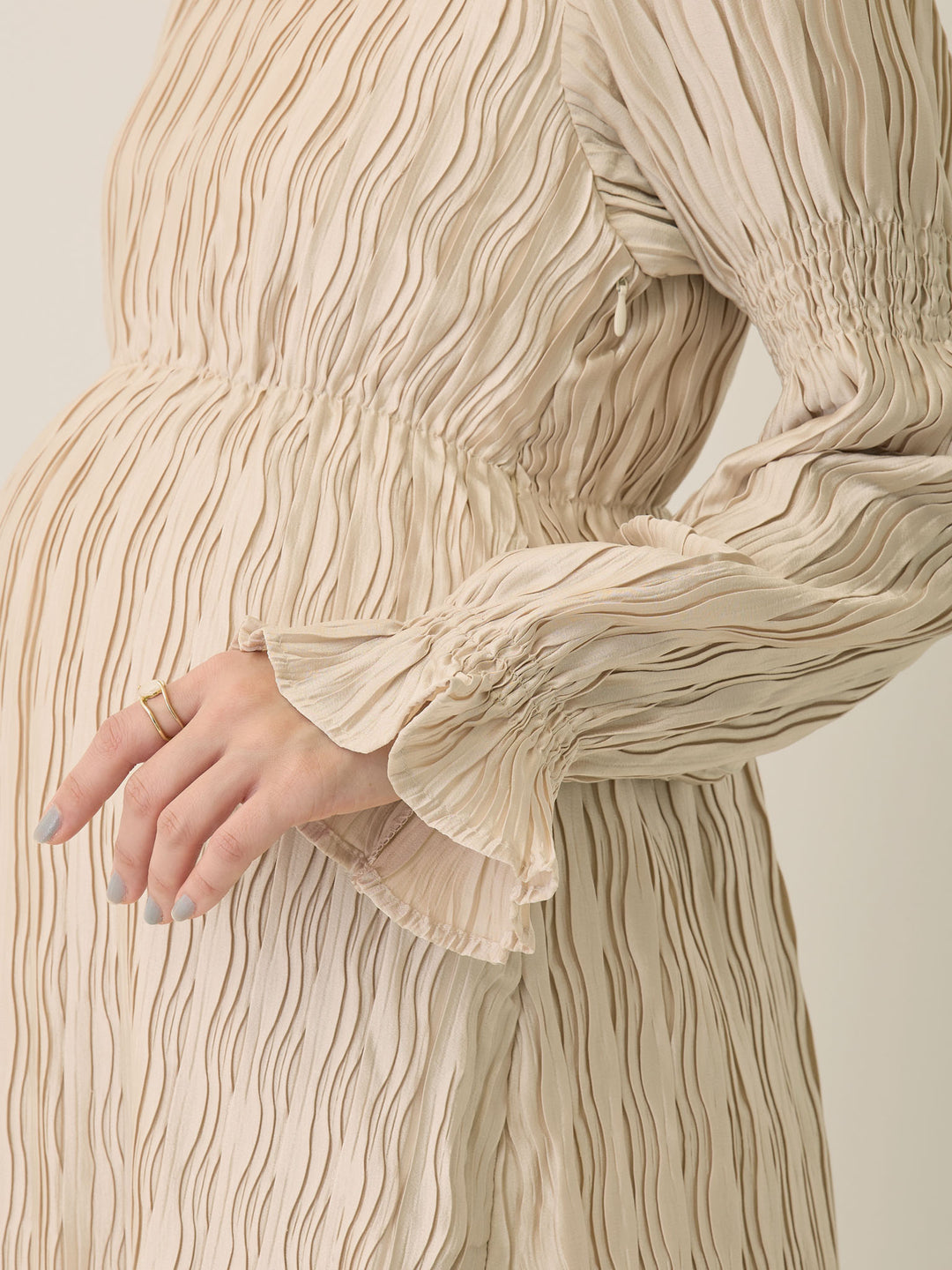 Heart Neck Pleated Dress Beige