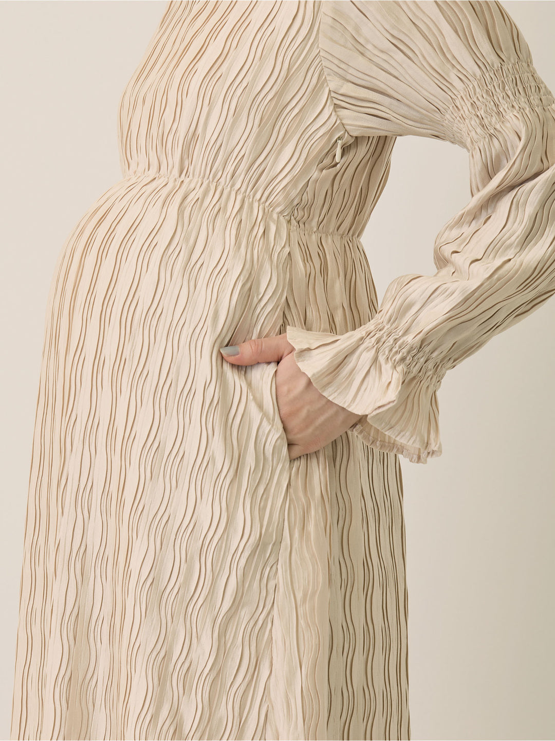 Heart Neck Pleated Dress Beige