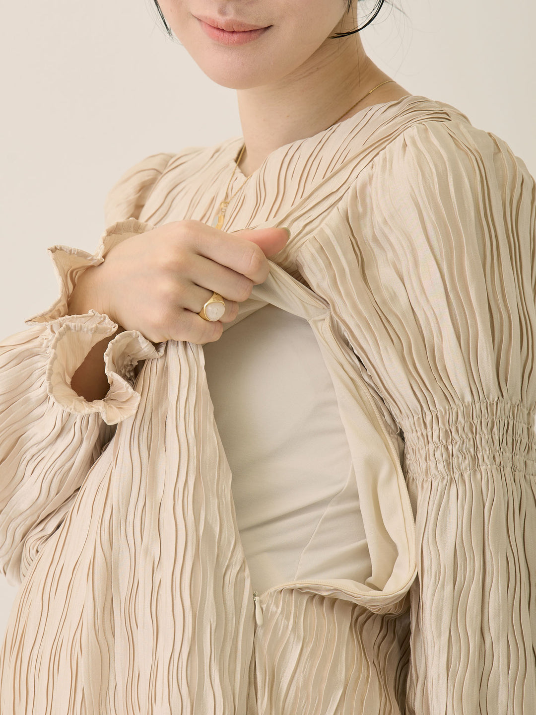Heart Neck Pleated Dress Beige