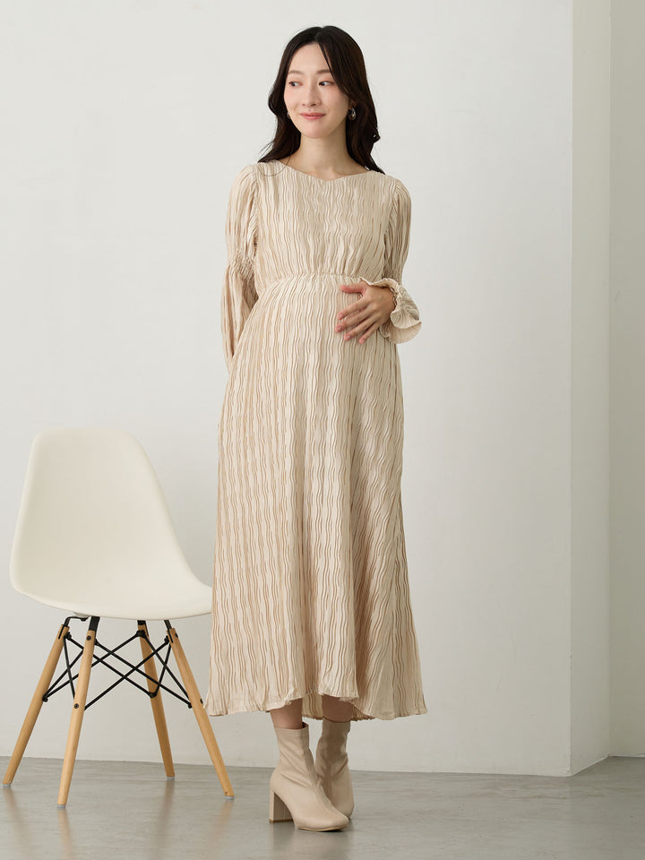 Heart Neck Pleated Dress Beige