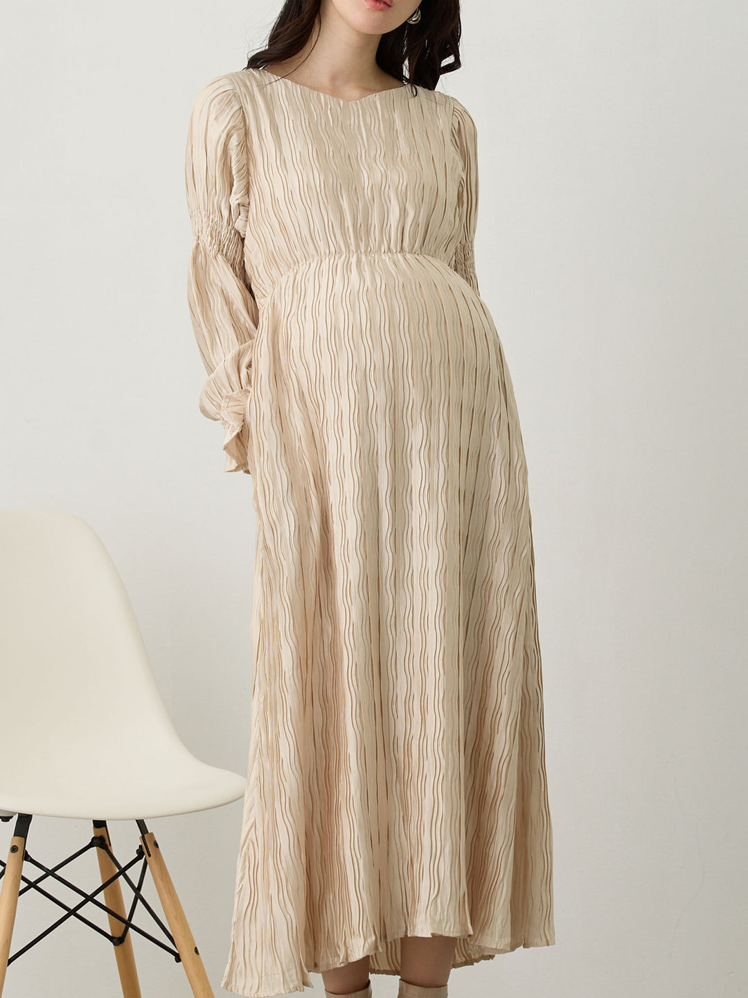 Heart Neck Pleated Dress Beige