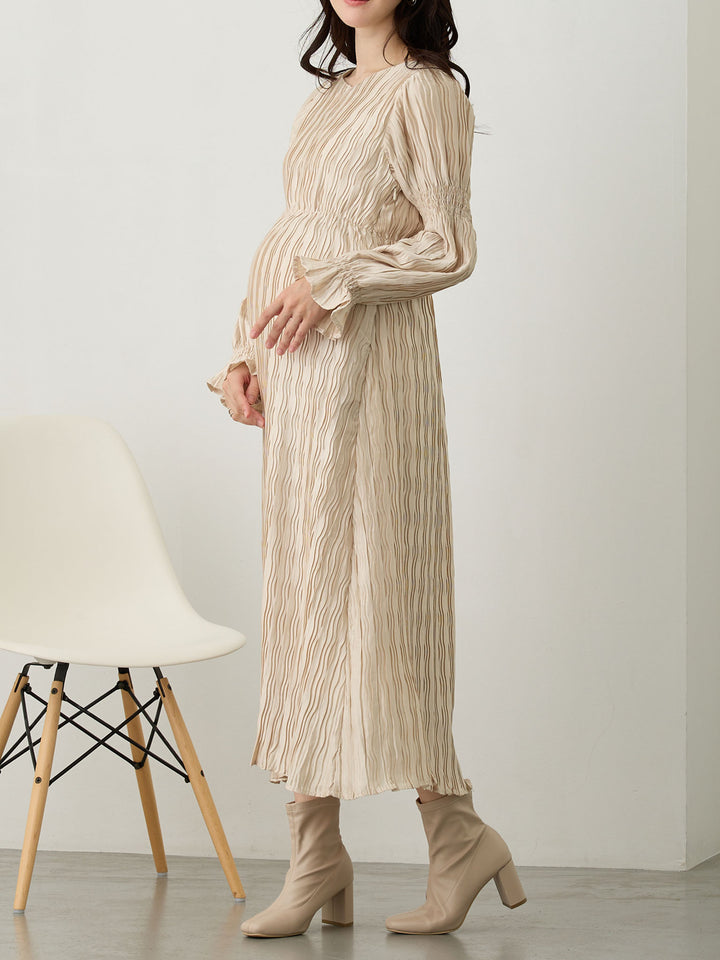 Heart Neck Pleated Dress Beige
