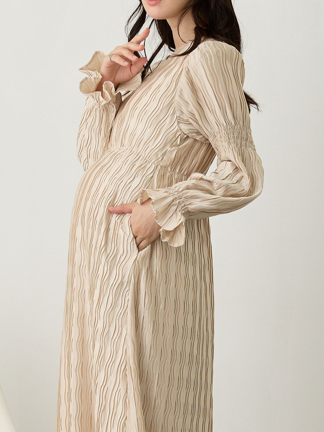 Heart Neck Pleated Dress Beige