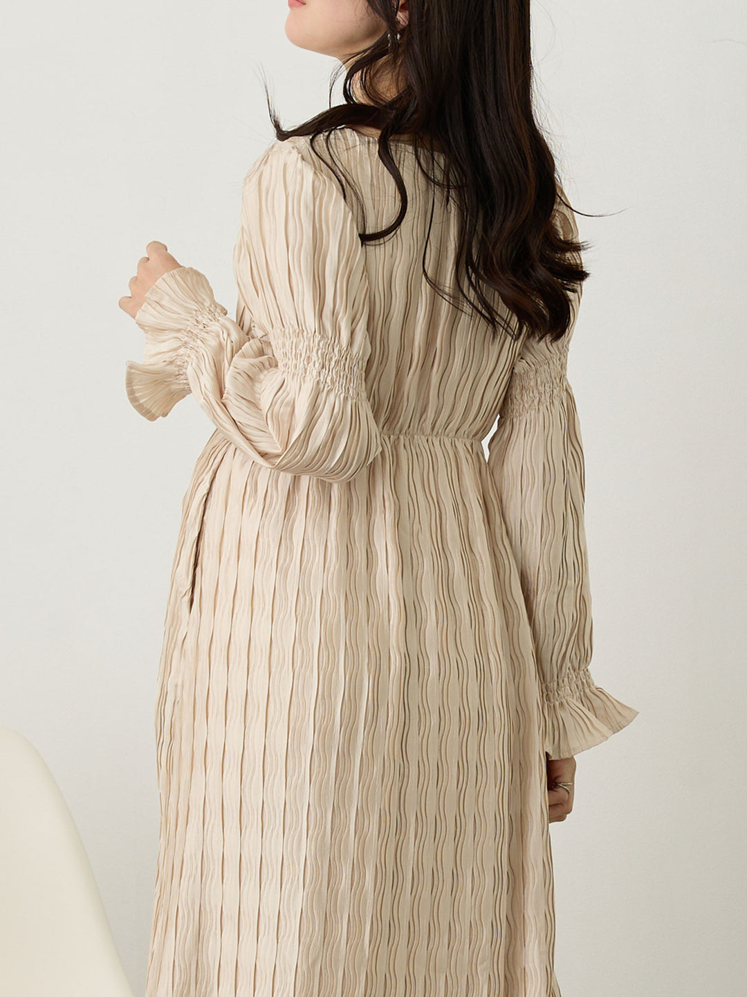 Heart Neck Pleated Dress Beige