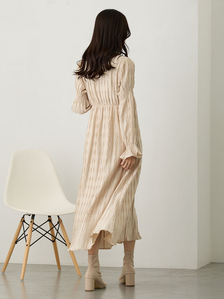 Heart Neck Pleated Dress Beige