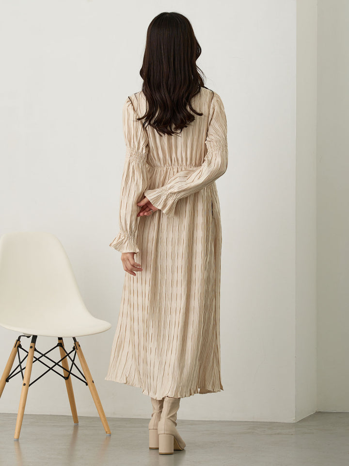 Heart Neck Pleated Dress Beige