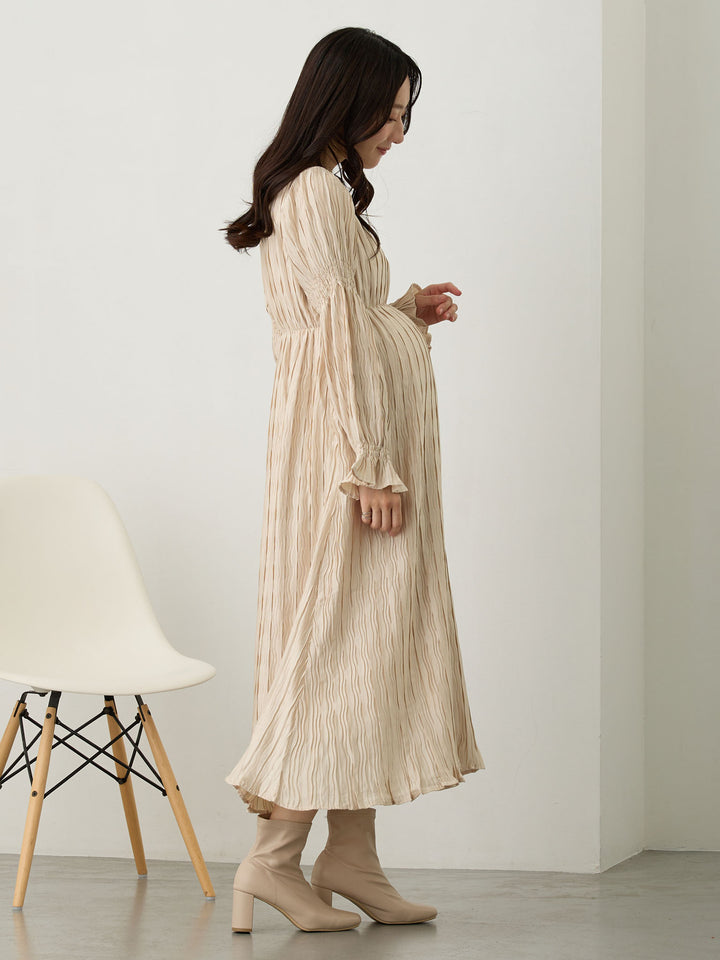 Heart Neck Pleated Dress Beige
