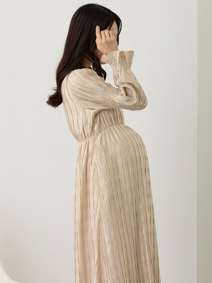 Heart Neck Pleated Dress Beige