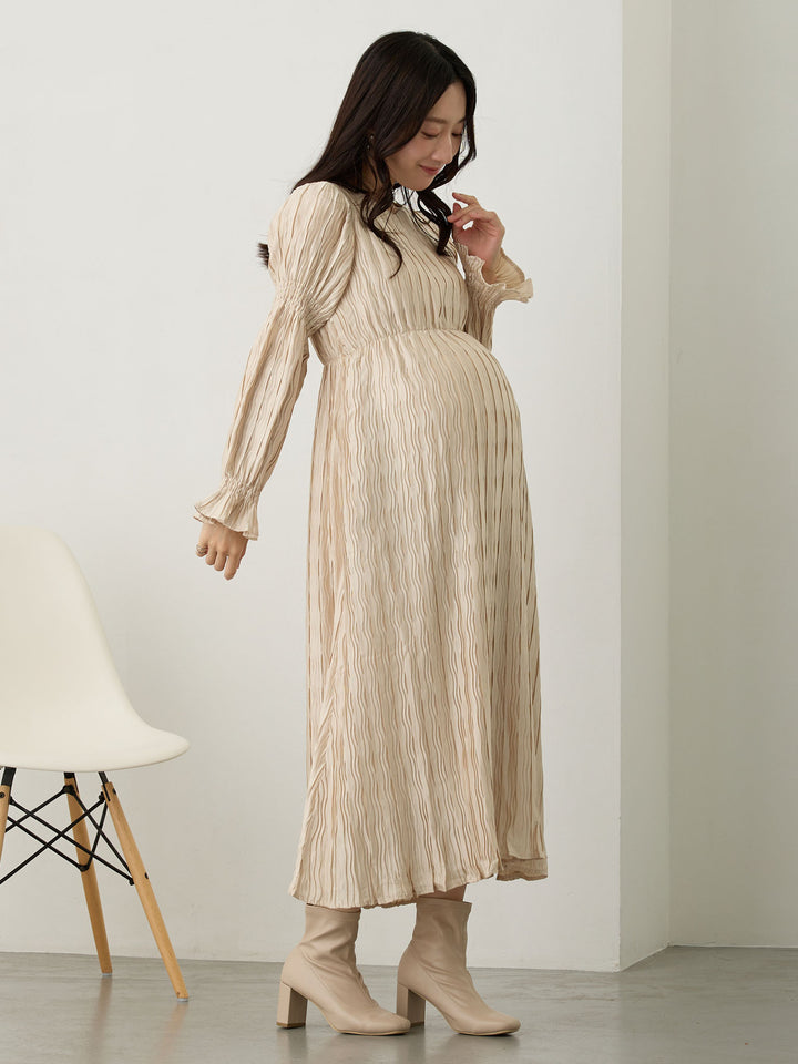 Heart Neck Pleated Dress Beige
