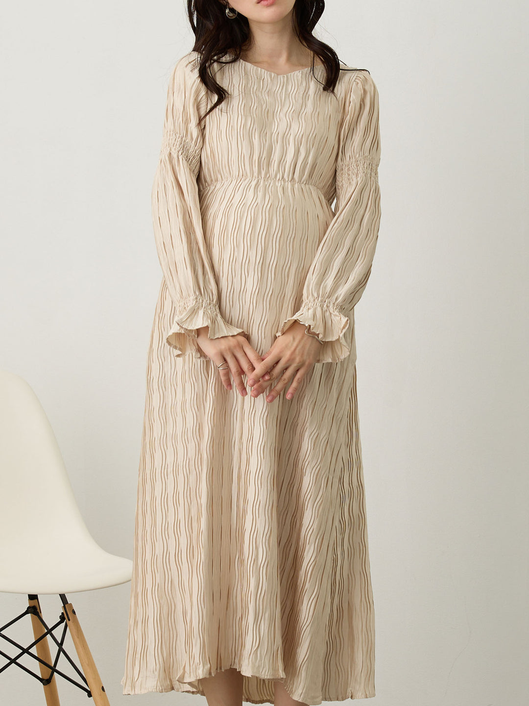 Heart Neck Pleated Dress Beige