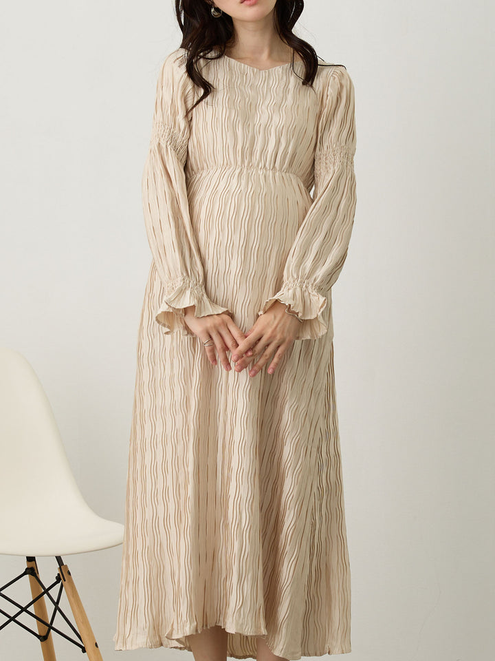Heart Neck Pleated Dress Beige