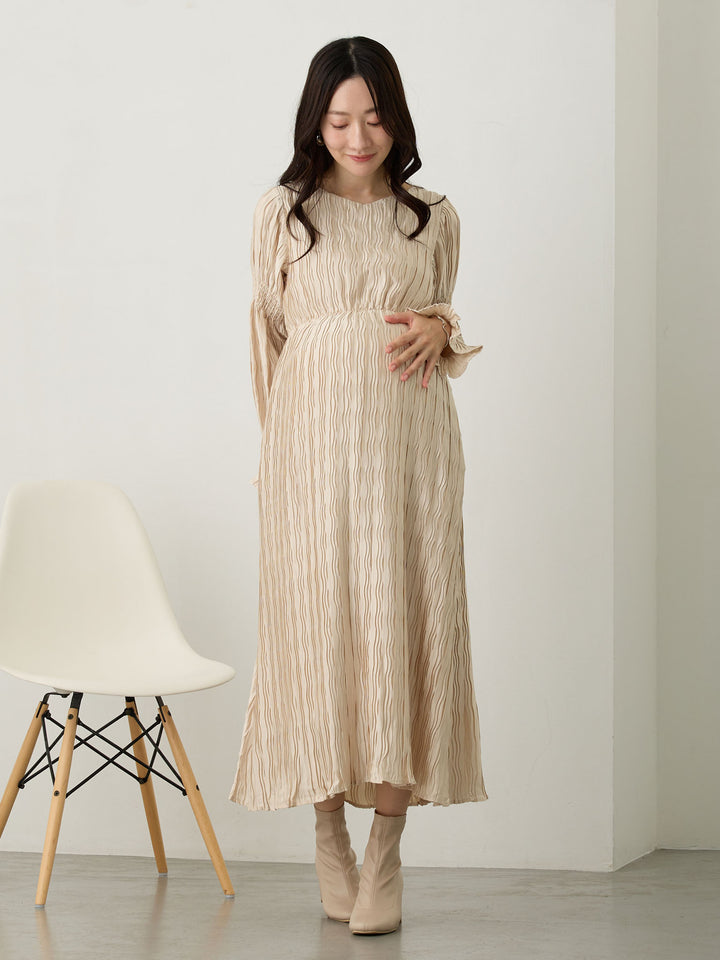 Heart Neck Pleated Dress Beige