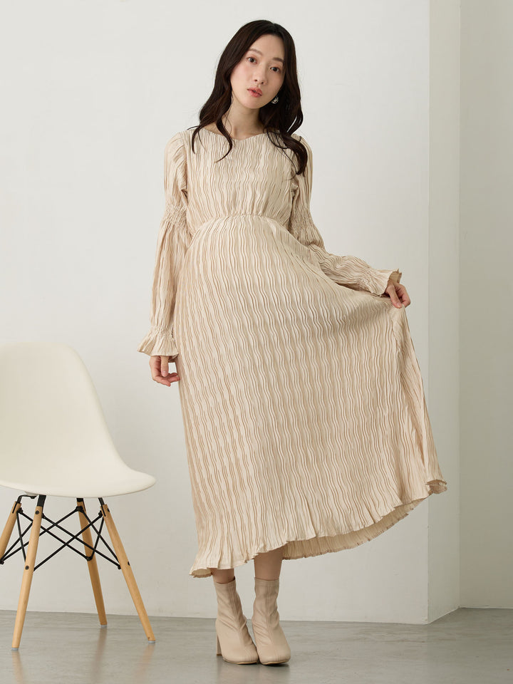 Heart Neck Pleated Dress Beige