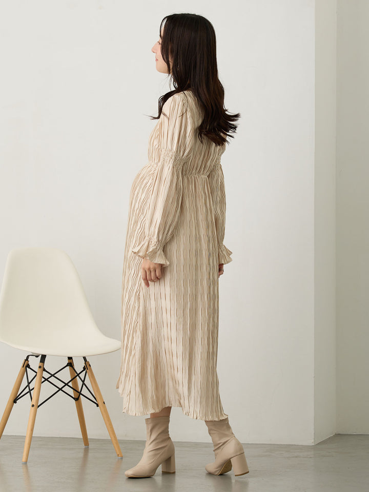 Heart Neck Pleated Dress Beige