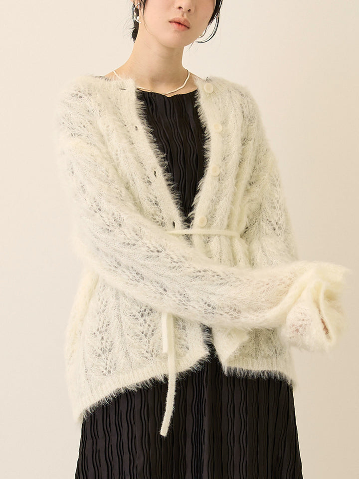 リボン付きニットカーデ White