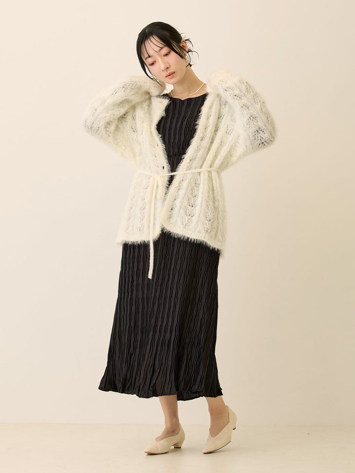 リボン付きニットカーデ White