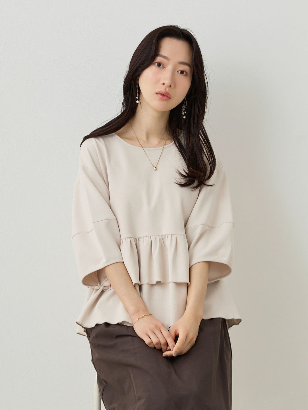 Peplum Ruffle Nursing T-shirt - Beige