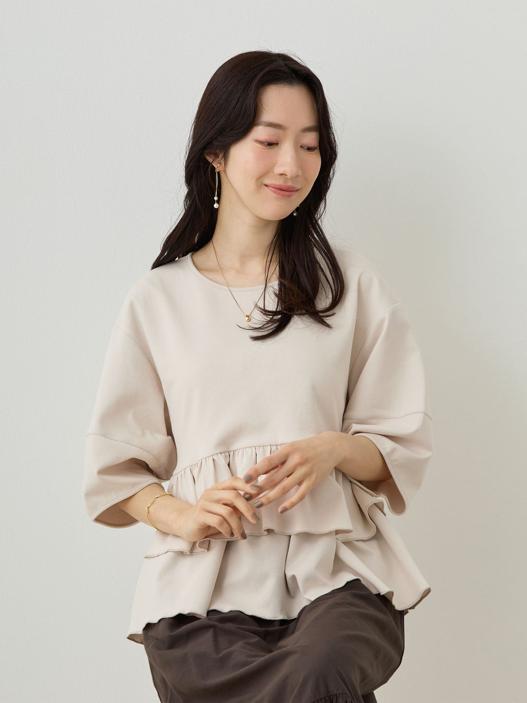 Peplum Ruffle Nursing T-shirt - Beige