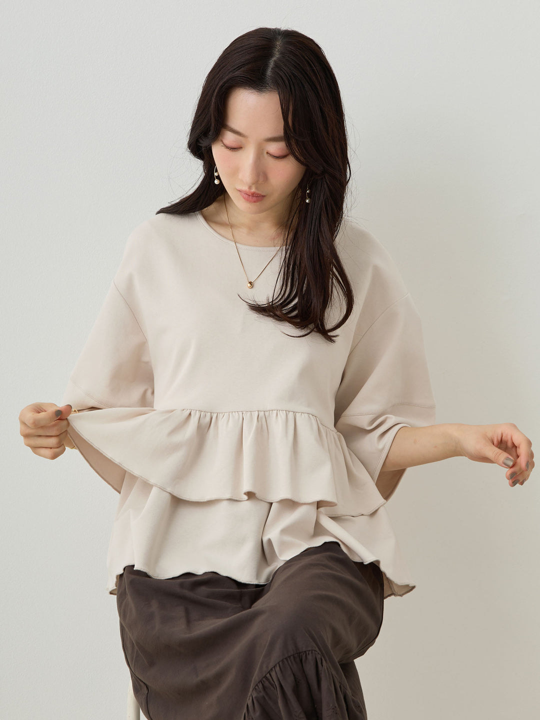 Peplum Ruffle Nursing T-shirt - Beige