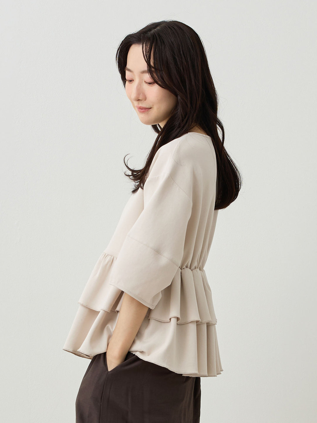 Peplum Ruffle Nursing T-shirt - Beige