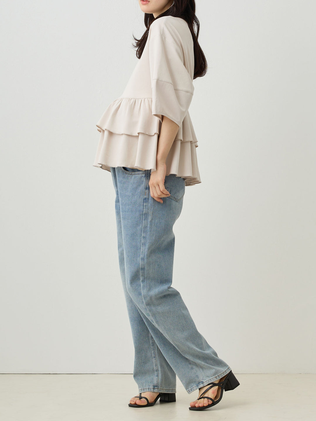 Peplum Ruffle Nursing T-shirt - Beige
