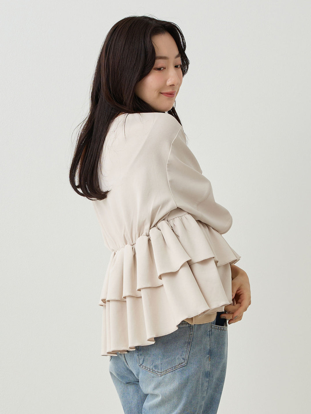 Peplum Ruffle Nursing T-shirt - Beige