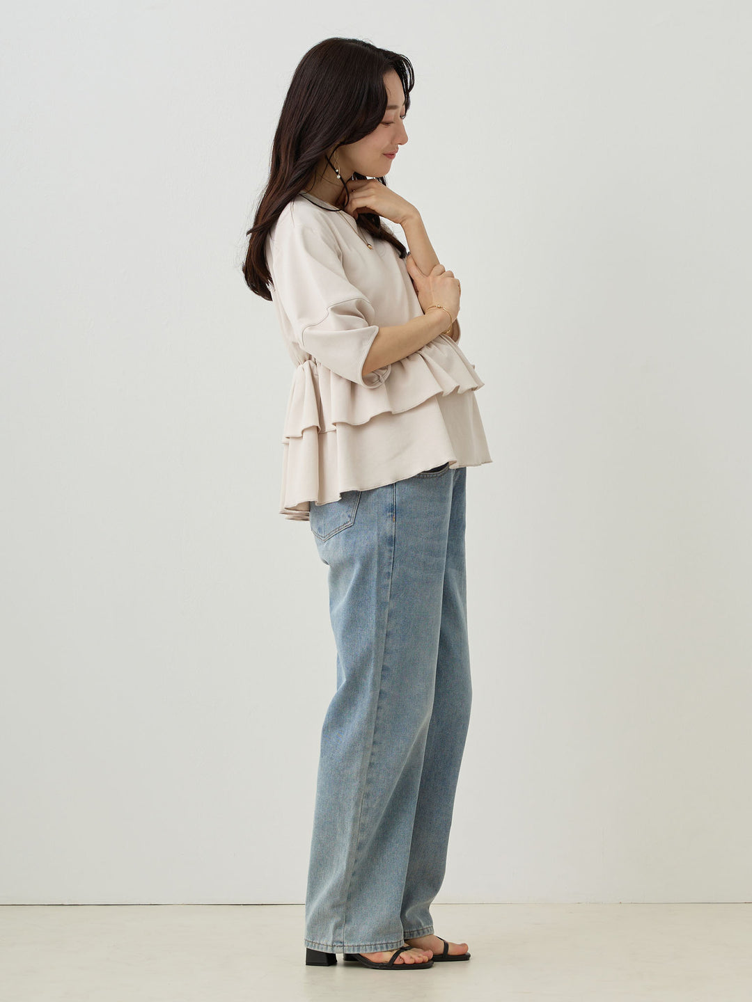 Peplum Ruffle Nursing T-shirt - Beige