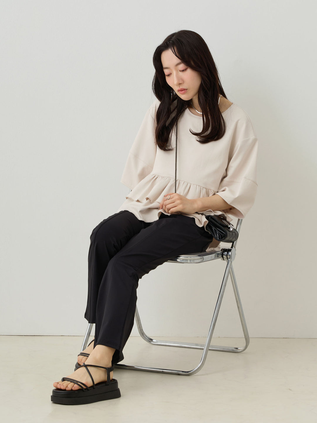 Peplum Ruffle Nursing T-shirt - Beige