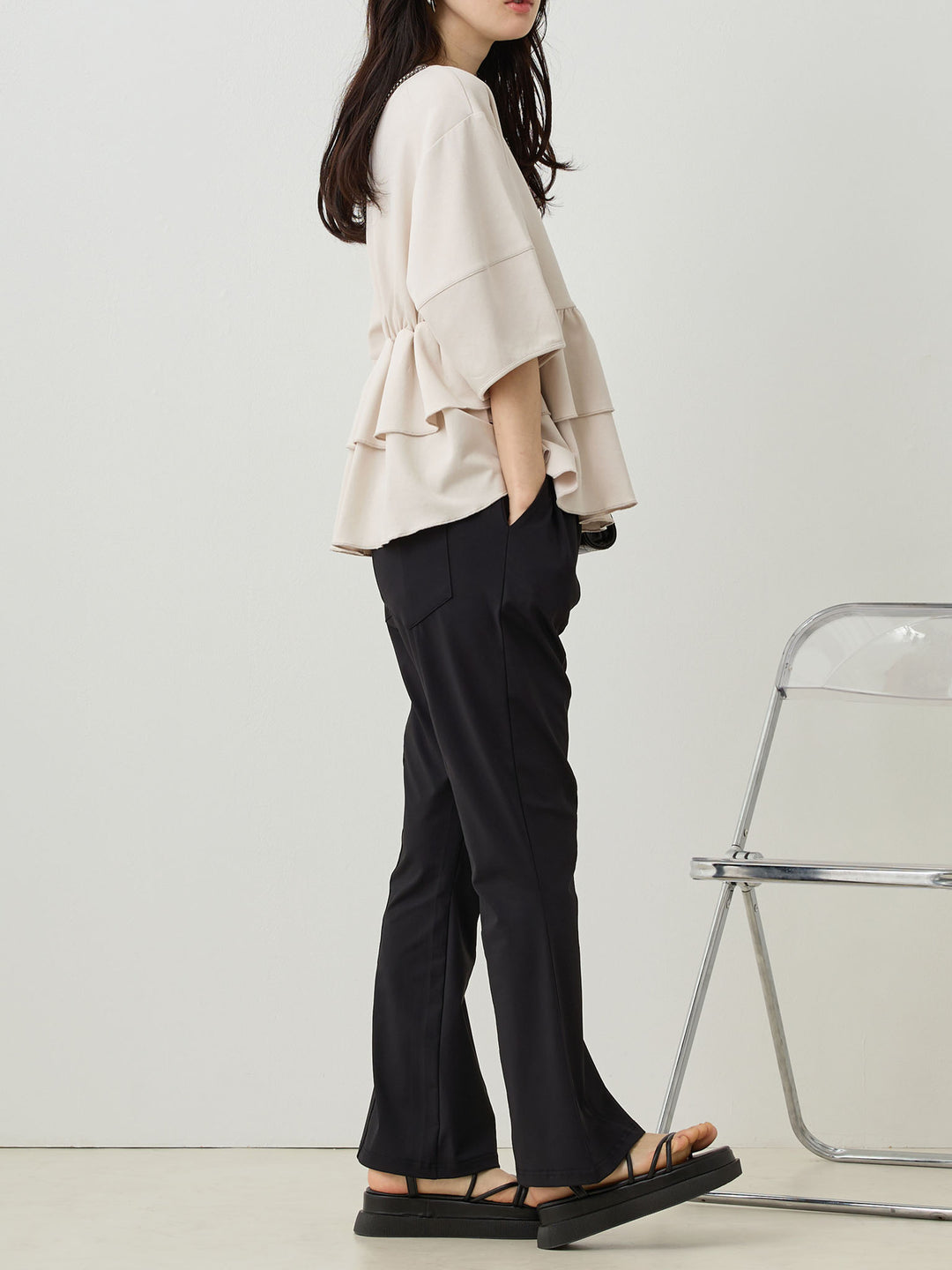 Peplum Ruffle Nursing T-shirt - Beige
