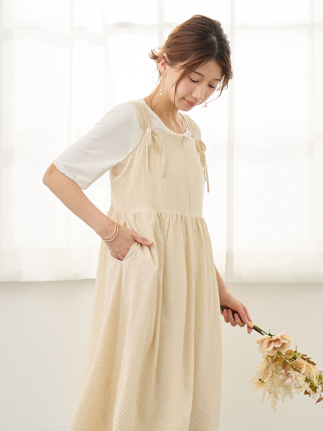 リボン付きジャンパースカート Ivory