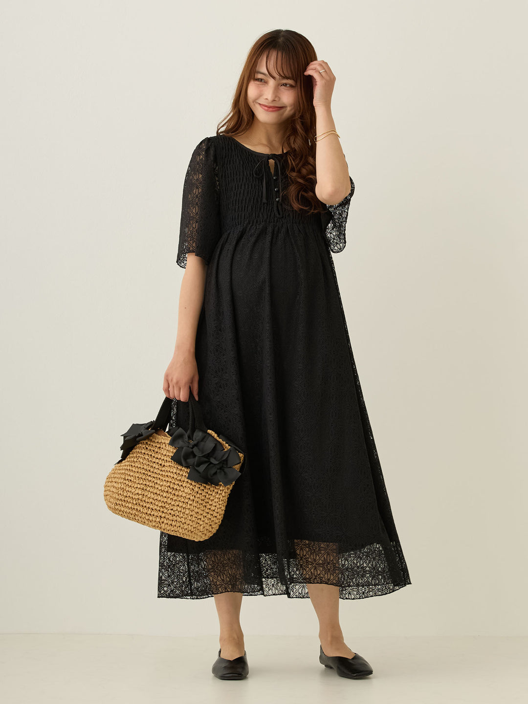 2wayシャーリングレースワンピース Black