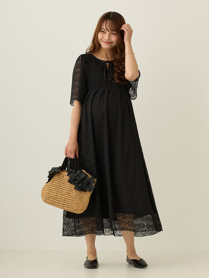 2wayシャーリングレースワンピース Black