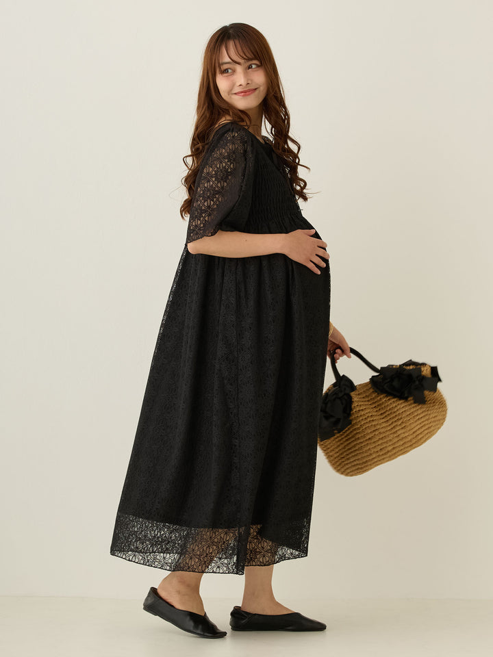 2wayシャーリングレースワンピース Black