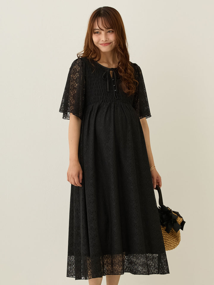 2wayシャーリングレースワンピース Black