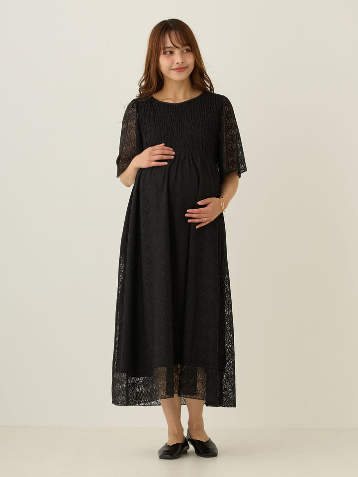 2wayシャーリングレースワンピース Black